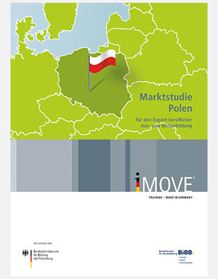Titel der Marktstudie Polen mit Kartenausschnitt der Region und Hervorhebung Polens; Text: Marktstudie Polen für den Export beruflicher Aus- und Weiterbildung