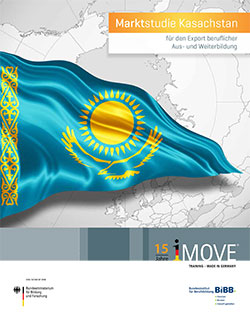 Grafik der Region mit Flagge Kasachstan, Text: Marktstudie Kasachstan für den Export beruflicher Aus- und Weiterbildung