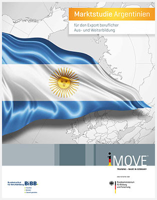 Grafik Weltkarte überlagert von Flagge Argentinien, Text: Marktstudie Argentinien für den Export beruflicher Aus- und Weiterbildung