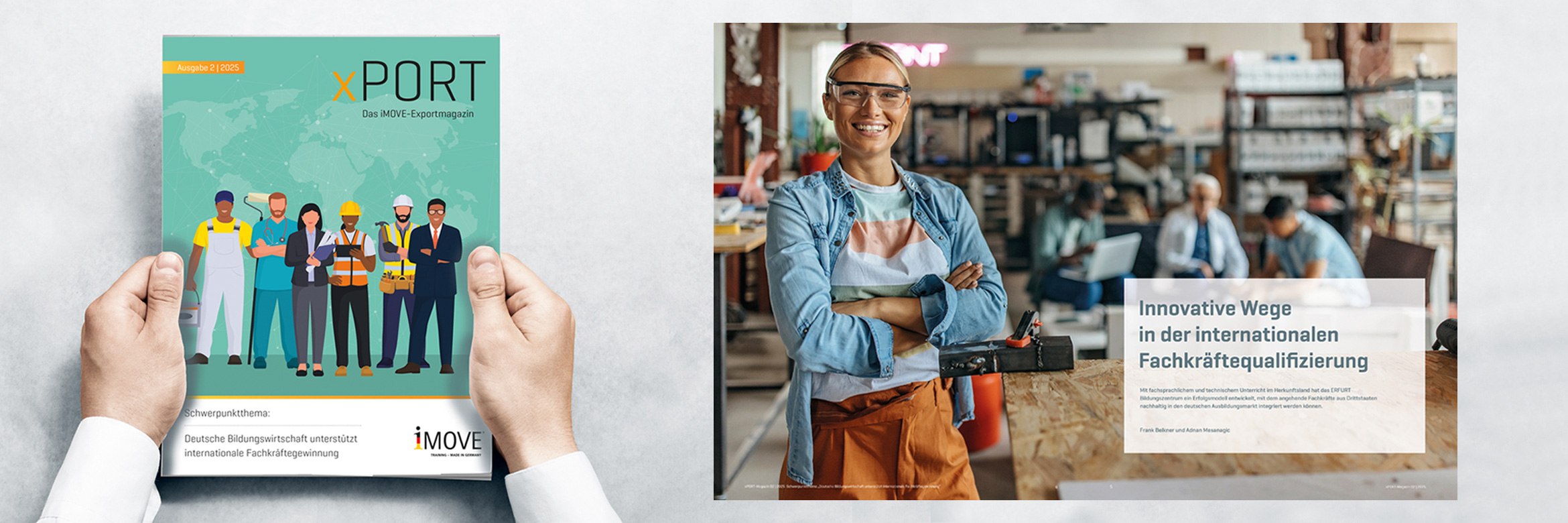 Collage zum Magazin aus Titel und Doppelseite Innenteil; Titel zeigt eine Grafik mit Menschen unterschiedlicher Herkunft und unterschiedliche Gewerke in einer Reihe stehend