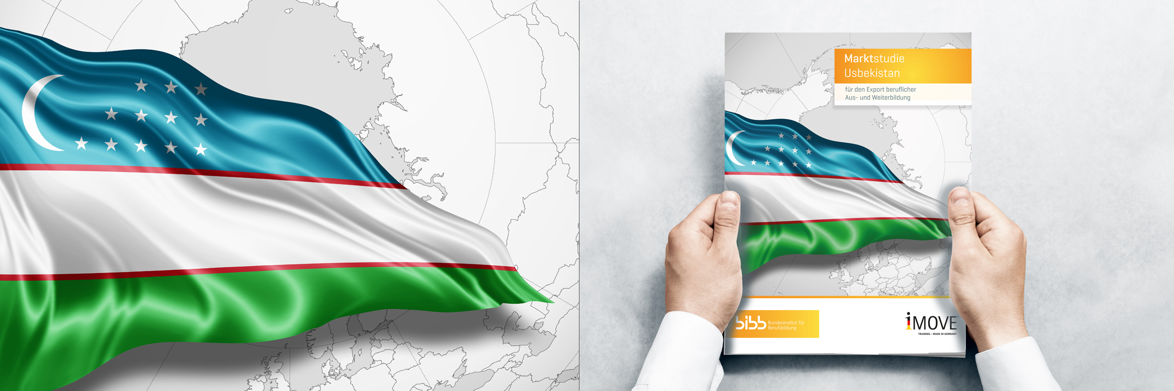 Titelbild der Studie und wehende Nationalflagge Usbekistan
