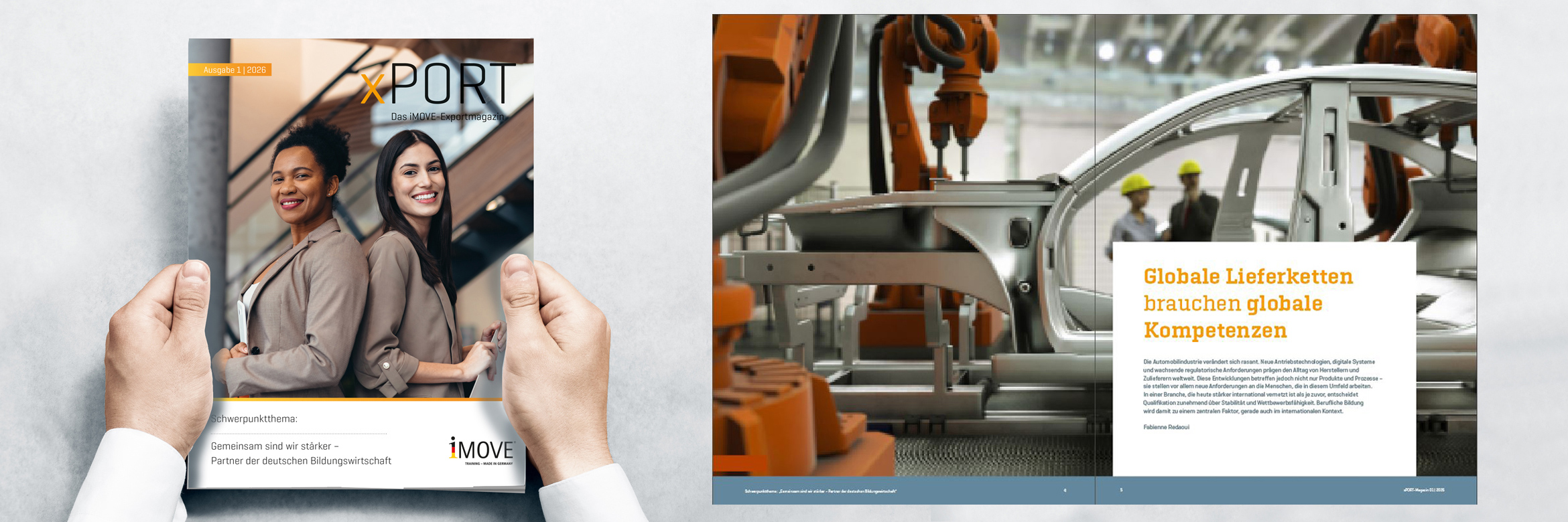 Titel des Magazins: zwei Frauen in Businesskleidung stehen mit dem Rücken aneinander und lächeln in die Kamera; Innendoppelseite mit einer Maschine im Kontext Autobau