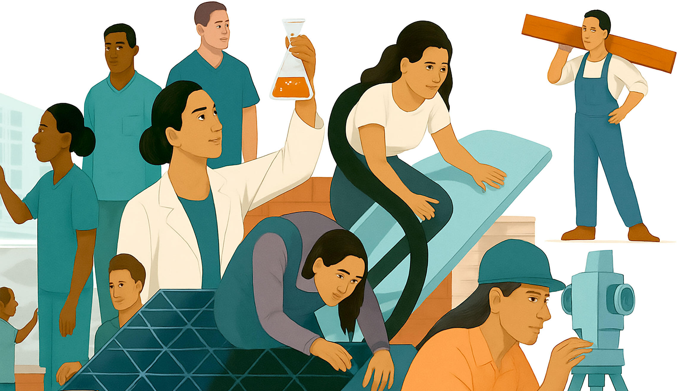 Grafik mit Personen verschiedenen Geschlechts, verschiedenen Gewerken und verschiedenen Herkünften