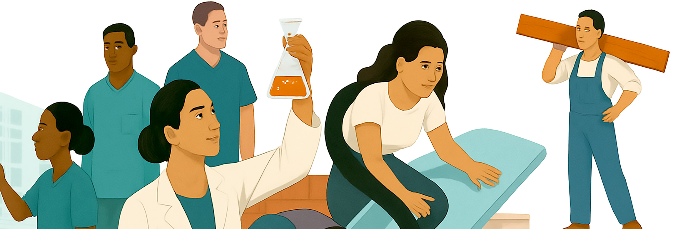 Grafik mit Personen verschiedenen Geschlechts, verschiedenen Gewerken und verschiedenen Herkünften