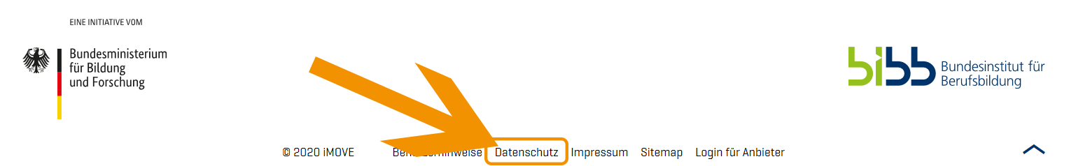 Fuss des iMOVE-Portals mit hervorgehobenem Link auf Datenschutz