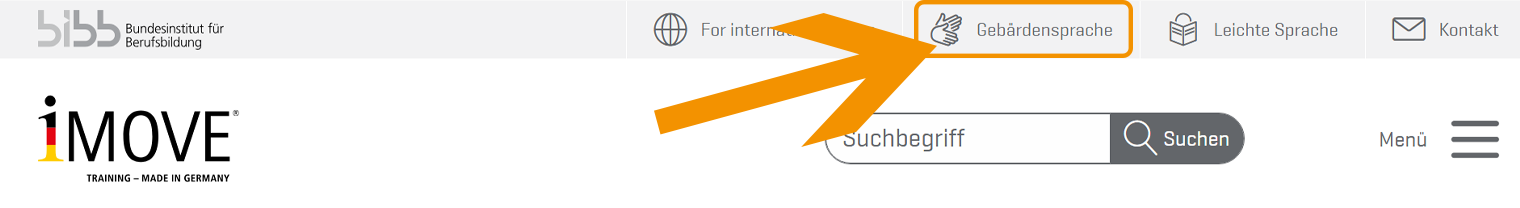 Kopf des iMOVE-Portals mit hervorgehobenem Link zur Gebärdensprache