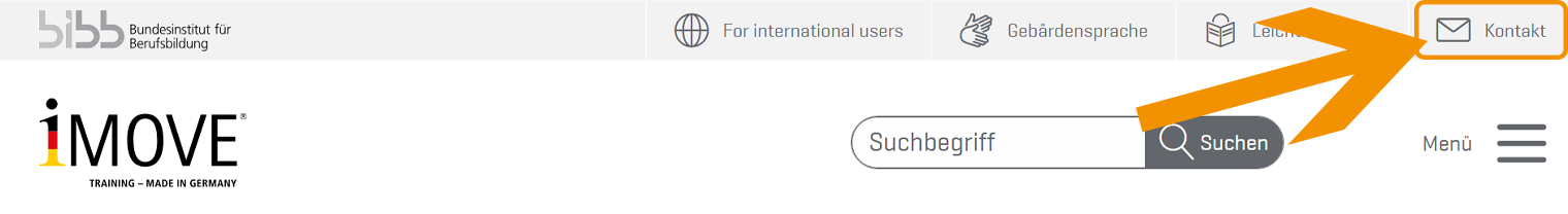 Kopf des iMOVE-Portals mit hervorgehobenem Link zum Kontaktformular