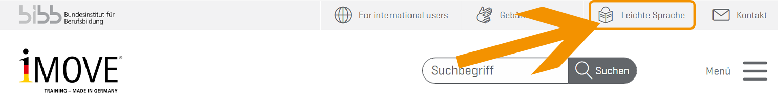Kopf des iMOVE-Portals mit hervorgehobenem Link zur Leichten Sprache