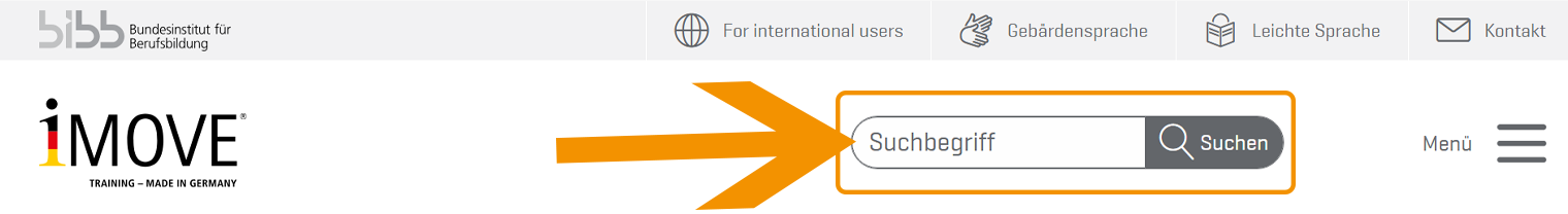 Kopf des iMOVE-Portals mit hervorgehobenem Suchfeld