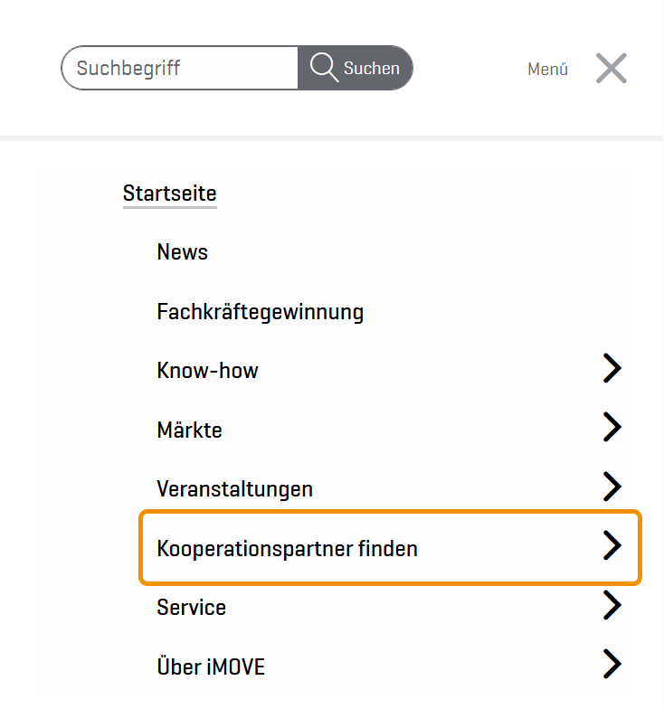 Kopie des Menüs der Internetseite mit hervorgehobener Rubrik Kooperationspartner finden