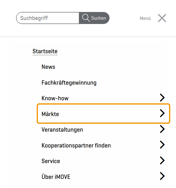Kopie des Menüs der Internetseite mit hervorgehobener Rubrik Märkte