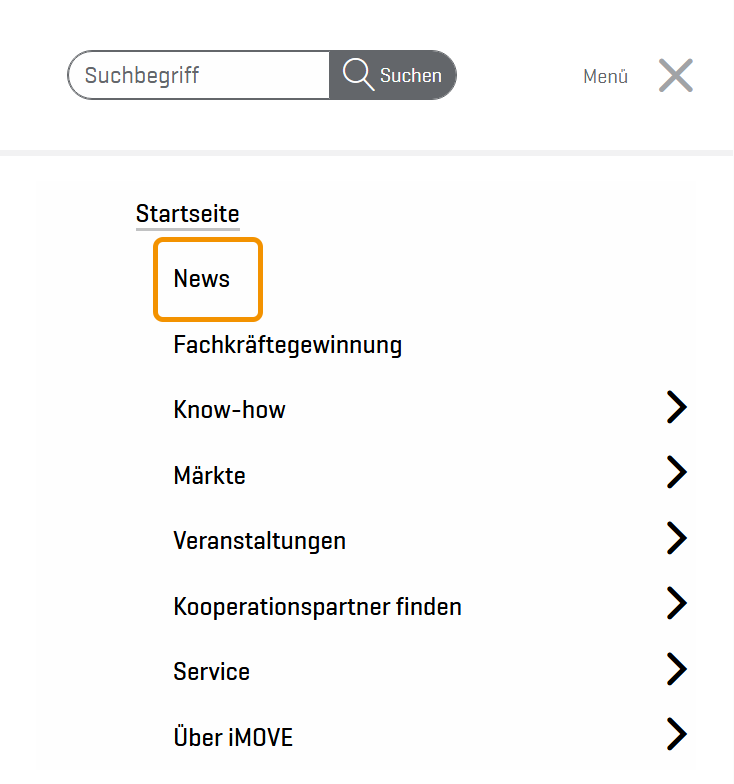 Kopie des Menüs der Internetseite mit hervorgehobener Rubrik News