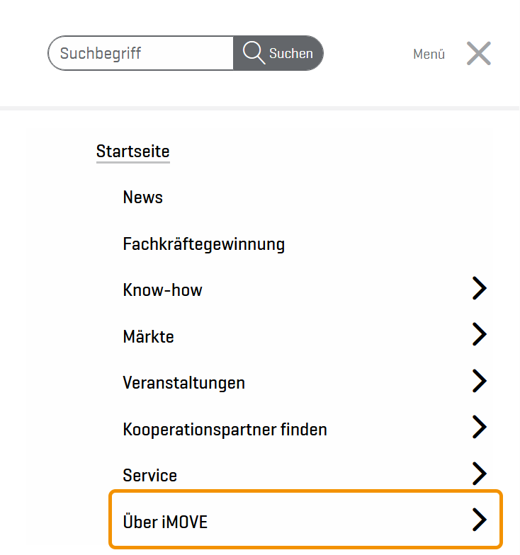 Kopie des Menüs der Internetseite mit hervorgehobener Rubrik Über iMOVE