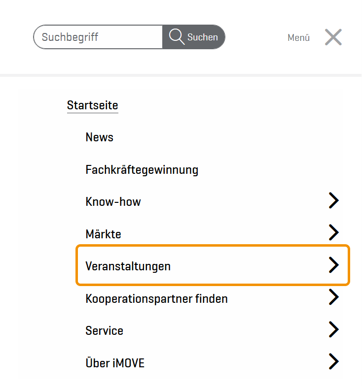 Kopie des Menüs der Internetseite mit hervorgehobener Rubrik Veranstaltungen