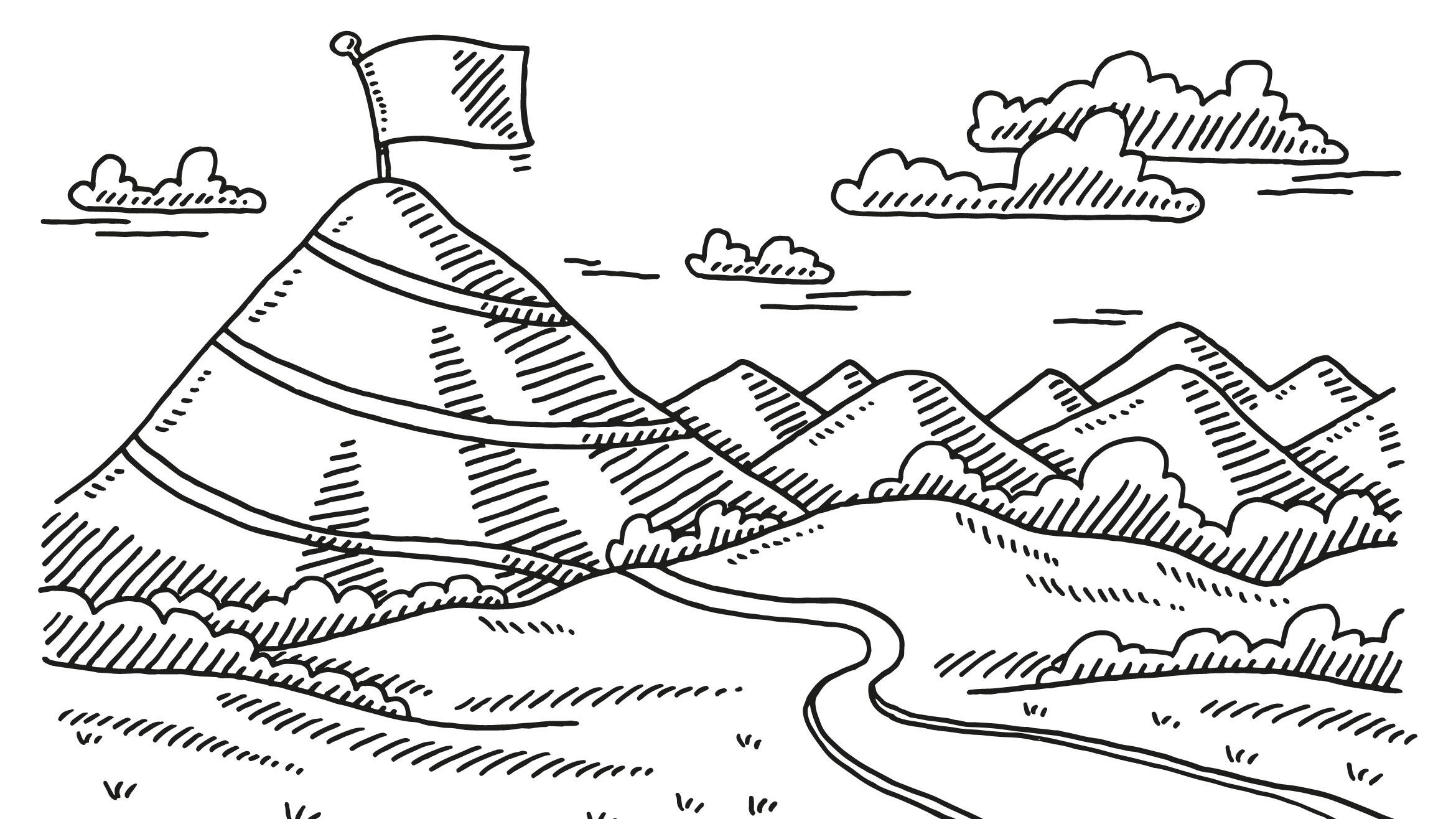 Strichzeichnung einer Gebirgslandschaft