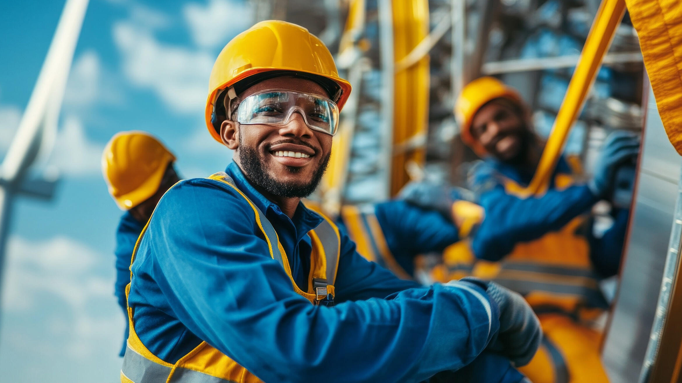 mutmaßlicher afrikanischer, lächelnder Arbeiter auf einer Windkraftanlagen-Baustelle