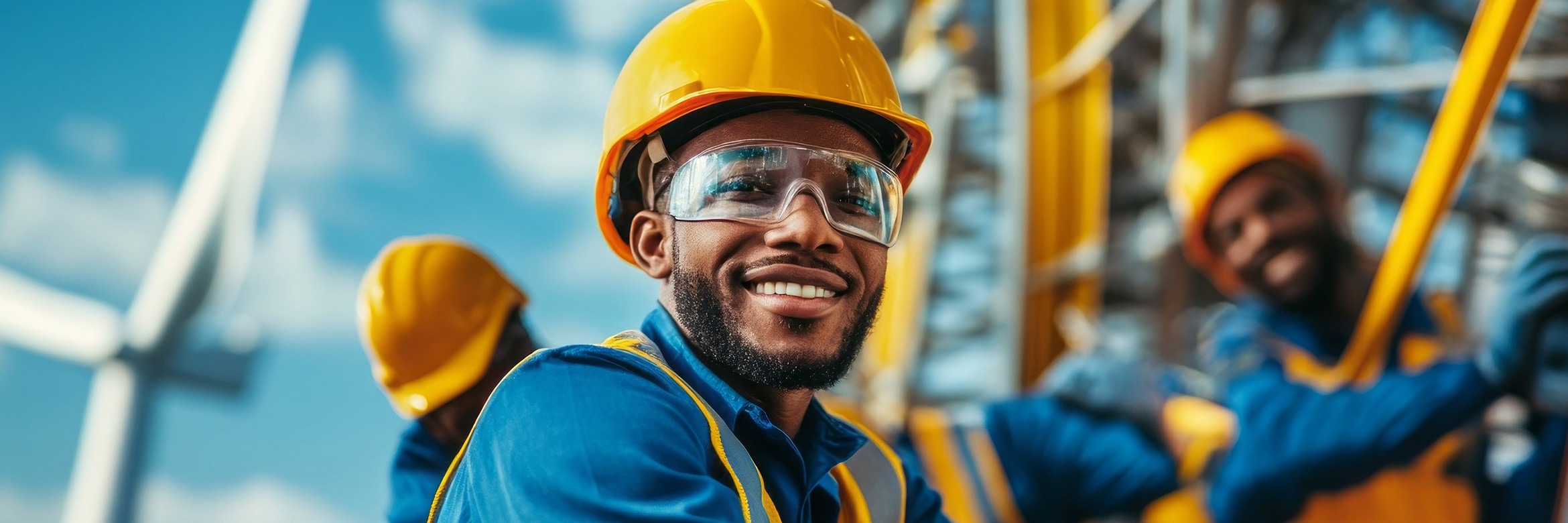 lächelnder Arbeiter - vermutlich Afrikaner - auf einer Windkraftanlagen-Baustelle 