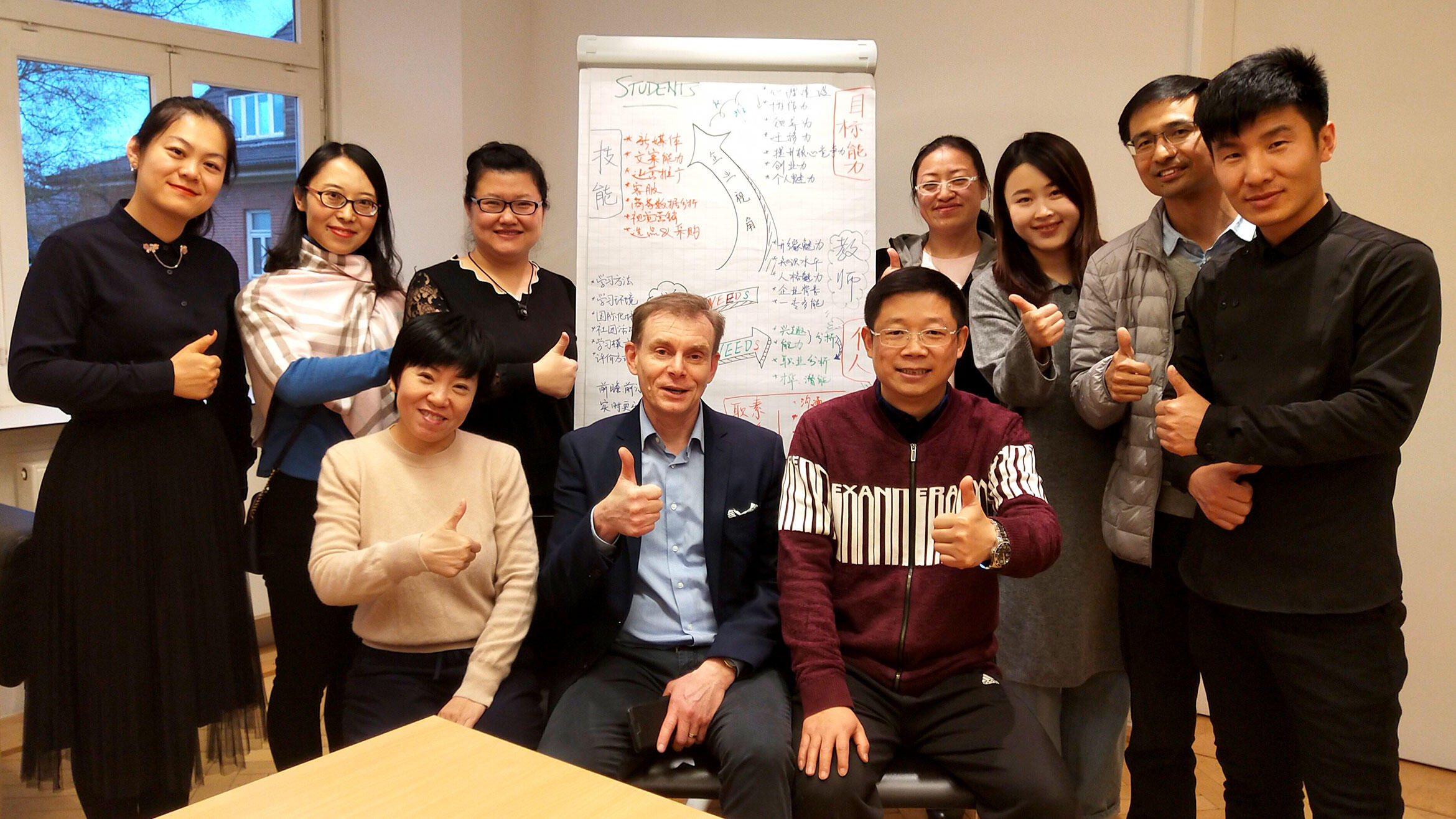 Gruppenbild: chinesische Berufsschullehrkräfte mit deutschem Trainer in einem Klassenraum
