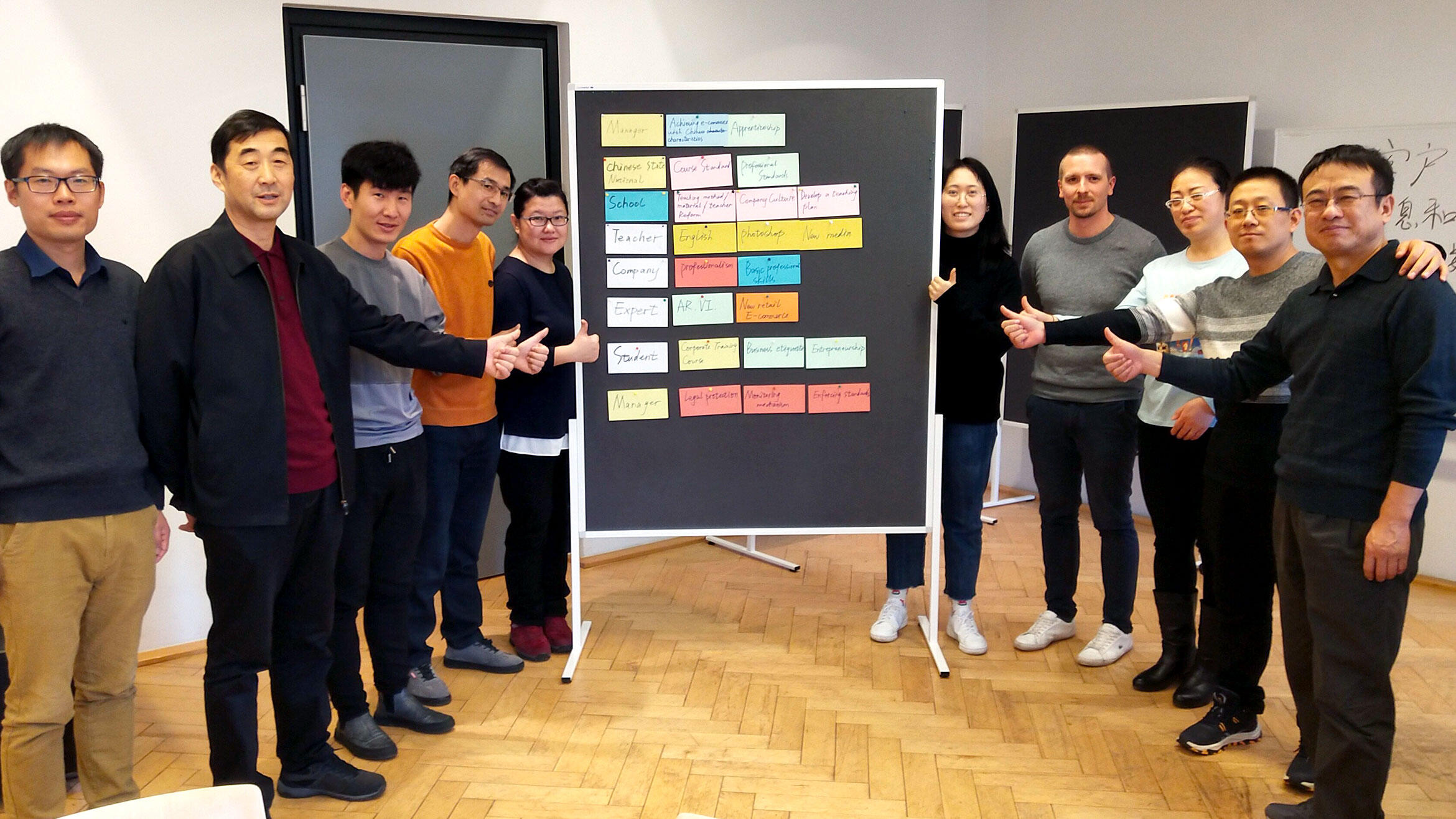 Gruppe chinesischer Lehrkräfte mit deutschem Trainer steht um Flipchart und alle lächeln in die Kamera