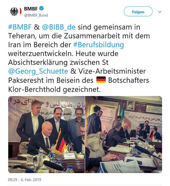 Sreenshot des BMBF-Tweets von der Unterzeichnung der Vereinbarung