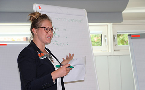 Nahaufnahme Teilnehmerin, die vor Flipchart steht