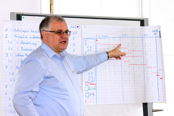 Teilnehmer erläutert Arbeitsergebnisse an Flipchart