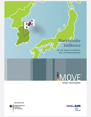 Titelbild der Marktstudie mit Kartenausschnitt der Region und Hervorhebung Südkoreas; Text: Marktstudie Südkorea für den Export beruflicher Aus- und Weiterbildung