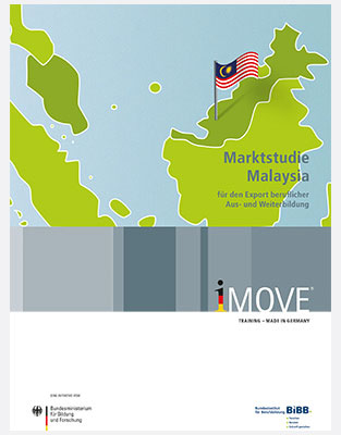 Titel der Marktstudie Polen mit Kartenausschnitt der Region und Hervorhebung Malaysias; Text: Marktstudie Malaysia für den Export beruflicher Aus- und Weiterbildung