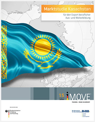 Grafik der Region mit Flagge Kasachstan, Text: Marktstudie Kasachstan für den Export beruflicher Aus- und Weiterbildung