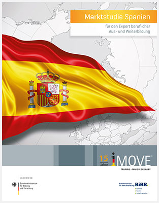 Grafik der Region mit Flagge Spanien, Text: Marktstudie Spanien für den Export beruflicher Aus- und Weiterbildung