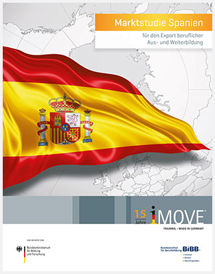 Titelbild der Marktstudie Spanien mit Kartenausschnitt der Region und Hervorhebung Spaniens; Text: Marktstudie Spanien für den Export beruflicher Aus- und Weiterbildung