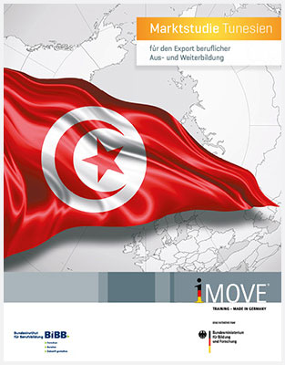 Titelbild der Studie mit Grafik der Region mit Flagge Tunesien, Text: Marktstudie Tunesien für den Export beruflicher Aus- und Weiterbildung