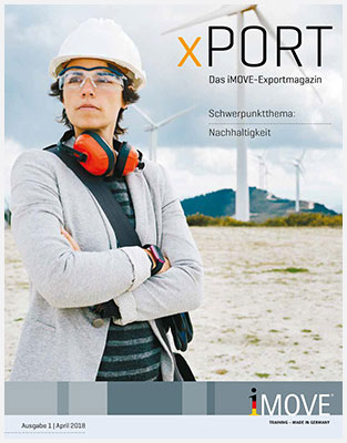 Titel des Exportmagazins, Frau mit Sicherheitsbrille und Helm schaut in die Ferne