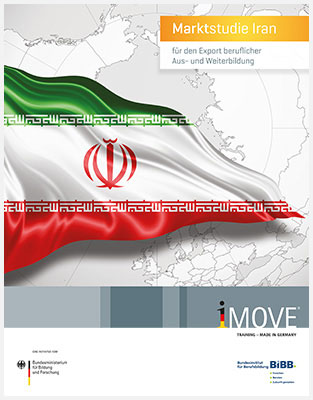 Grafik der Region mit Flagge Iran, Text: Marktstudie Iran für den Export beruflicher Aus- und Weiterbildung