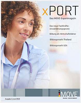 Titel des Exportmagazins, Frau mit Stetoskop um den Hals schaut lächelnd in die Ferne