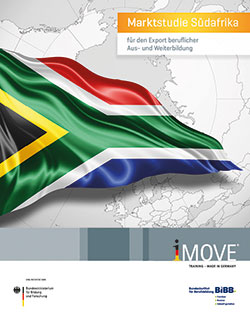 Grafik Weltkarte überlagert von Nationalfahne von Südafrika, Text: Marktstudie Südafrika für den Export beruflicher Aus- und Weiterbildung