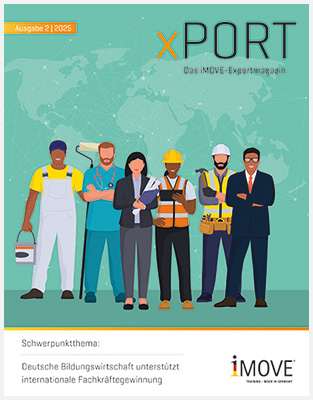 Cover des Magazins mit einer Grafik: Menschen unterschiedlicher Herkunft und unterschiedlicher Gewerke stehen in einer Reihe