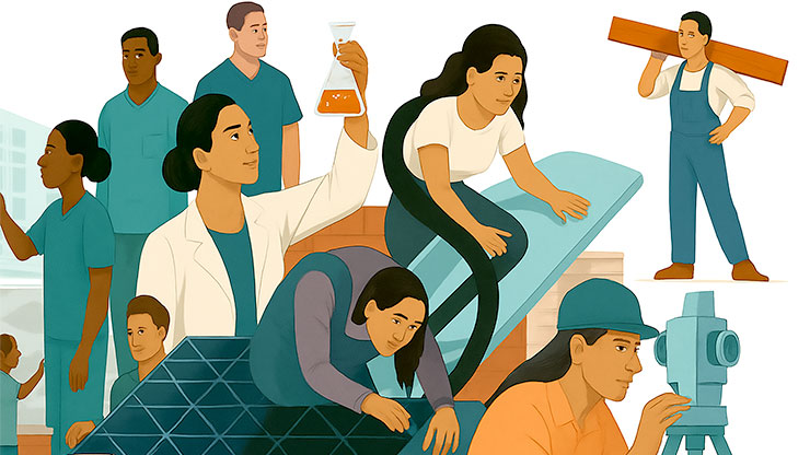 Grafik mit Personen verschiedenen Geschlechts, verschiedenen Gewerken und verschiedenen Herkünften