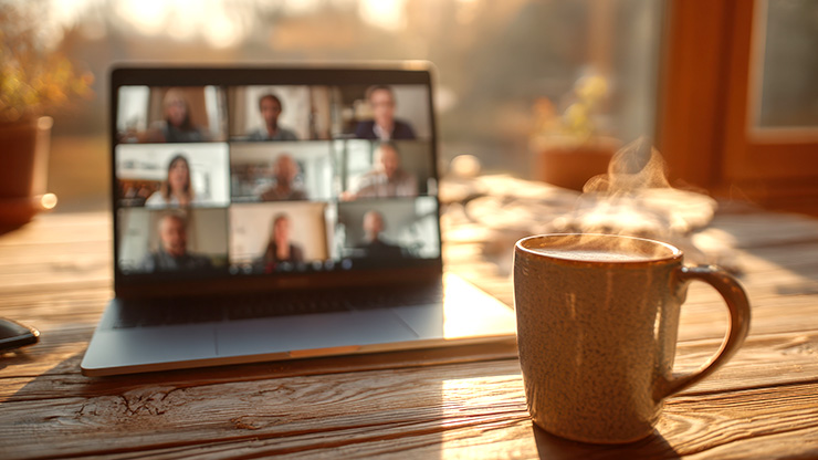dampfende Kaffeetasse steht vor aufgeklapptem Laptop, der Bildschirm zeigt Kacheln mit sehr verschwommenen Gesichtern