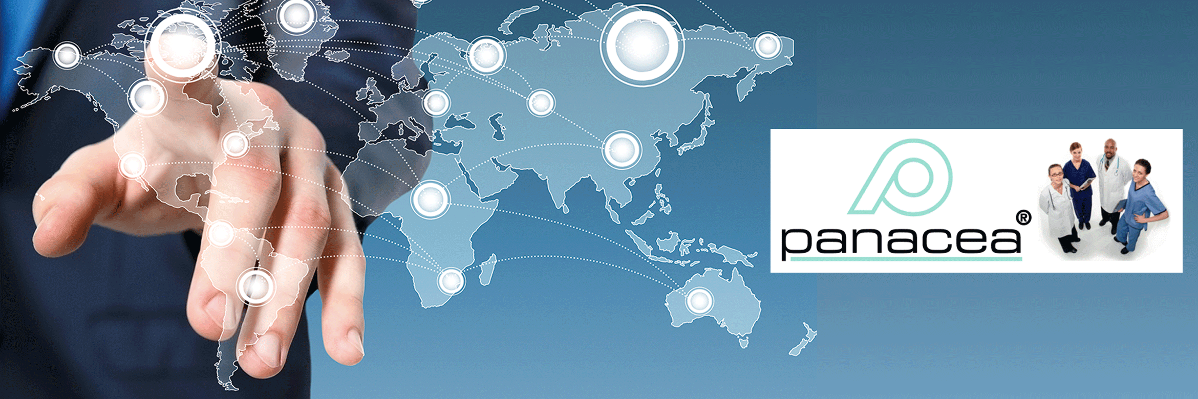 Panacea Logo, backround a world map with stylized connecting dots