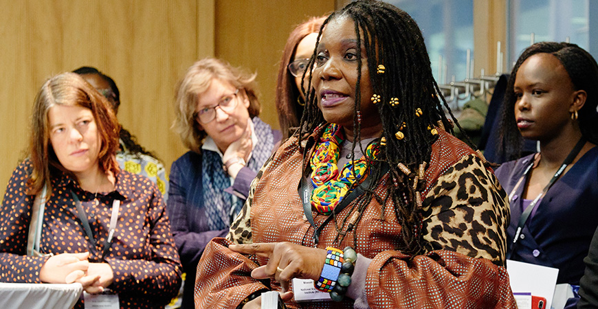 participants listening to a female speaker