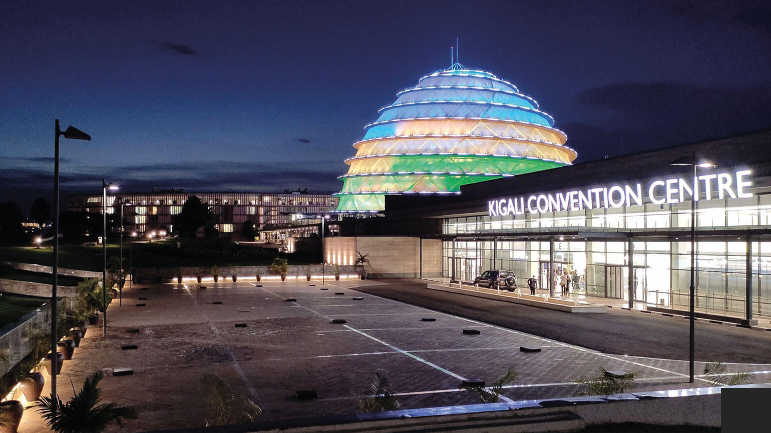 view on the Kigali Convention Center at night