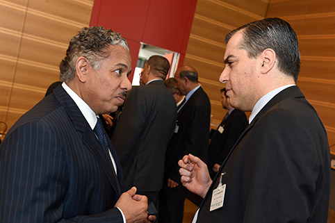 close-up of a conversation amongst two participants during a break