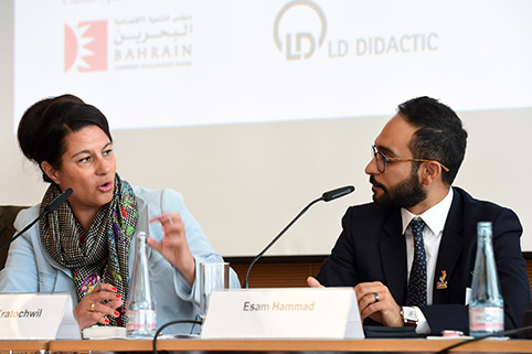 close-up of a female and a male speaker