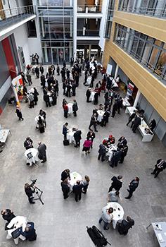 view from above of attendants standing in small groups