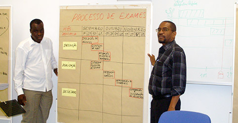two teachers from Mozambique standing at a flip chart